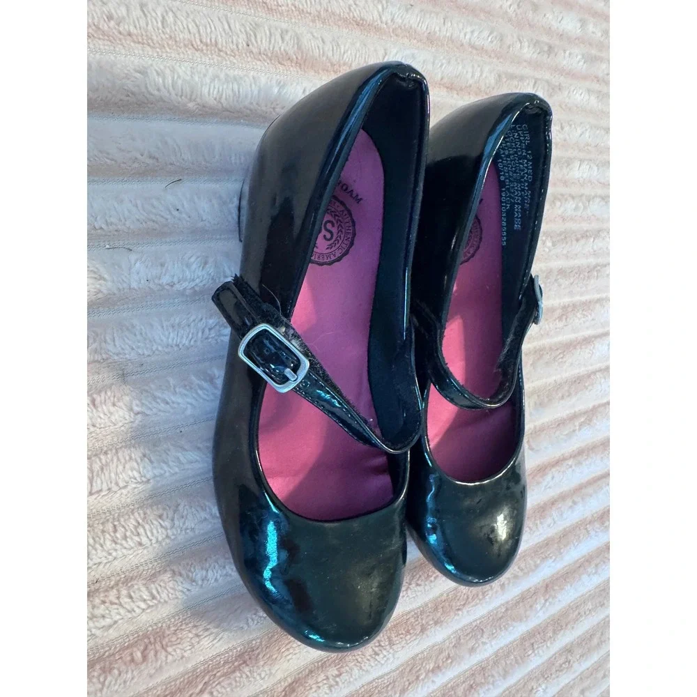 SO Girls Black Patent Mary Jane Dress Shoes Memory Foam Block Heel Size 12